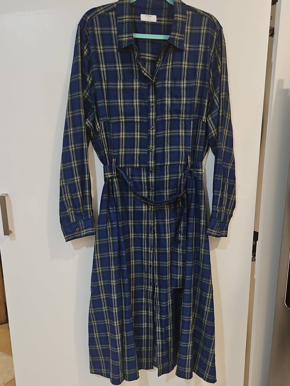 UNTUCKit Navy and Green Plaid Long-Sleeve Button Dress